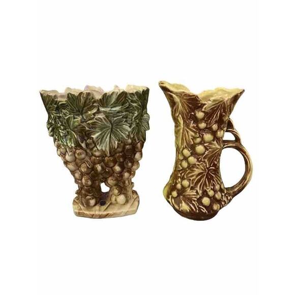 70s McCoy Vase/Pitcher, Grape Pattern Triple Handle Brown Green Retro SET - Picture 3 of 11